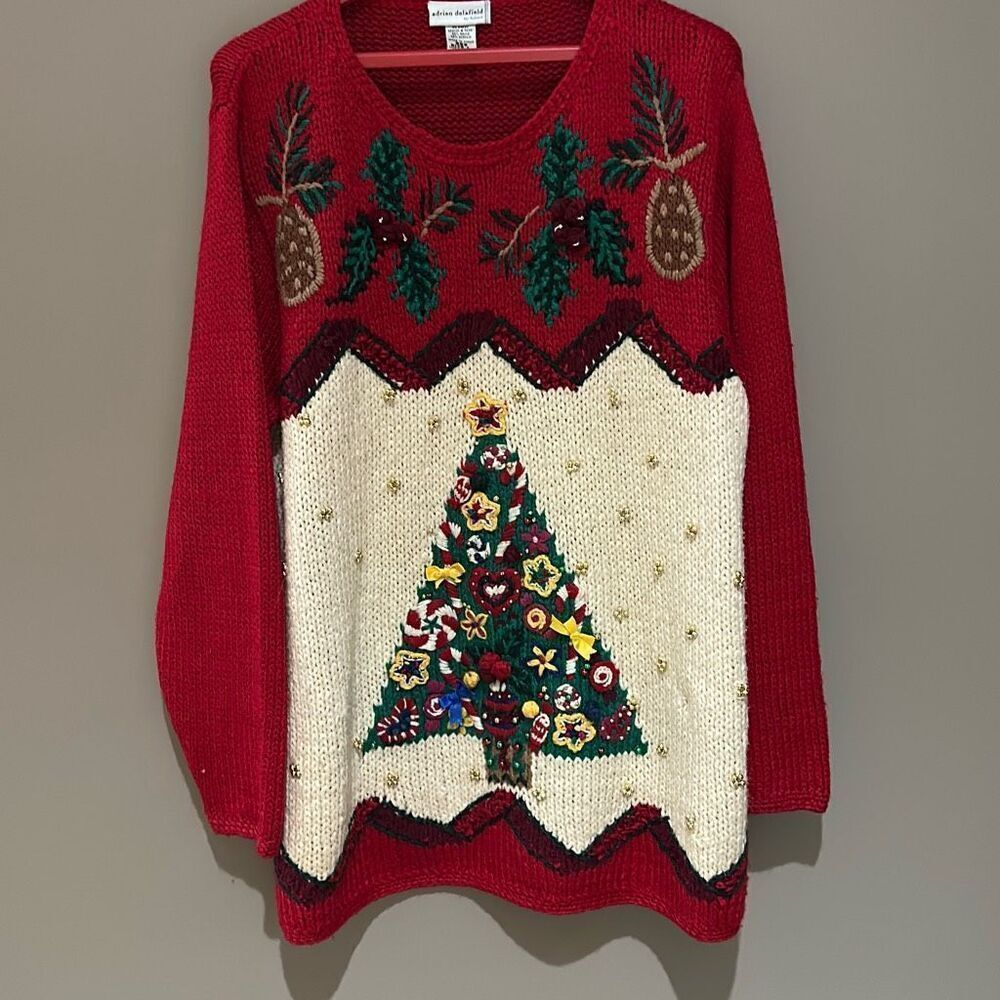 Vintage Adrian Delafield Christmas Tree Sweater Embellishments Gold beads Bulky